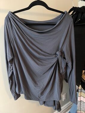 Draped Cowl-Neck Long Sleeve Top in Slate Blue